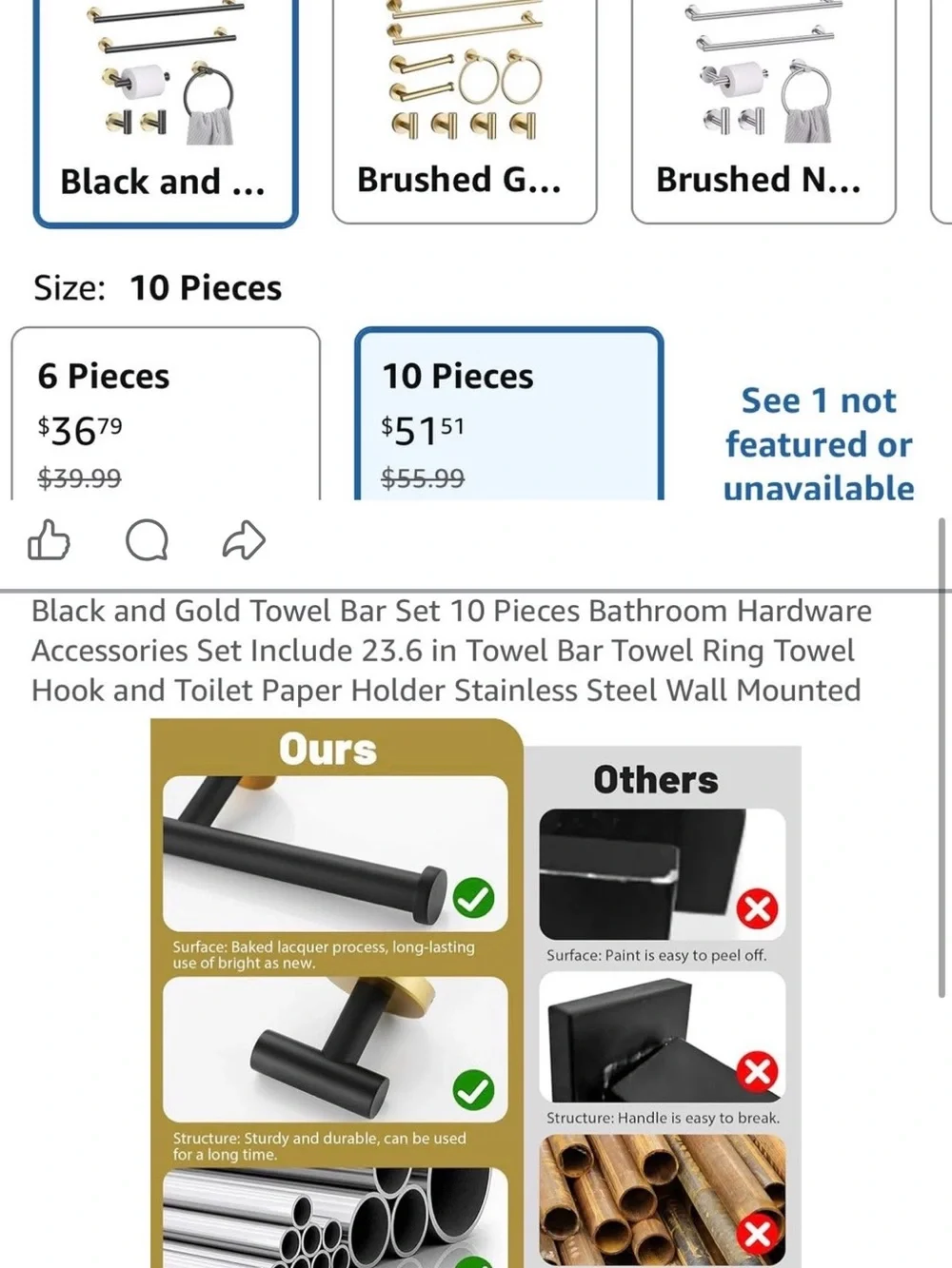 Amazon Black and Gold Bathroom Hardware Set - 10 Piece